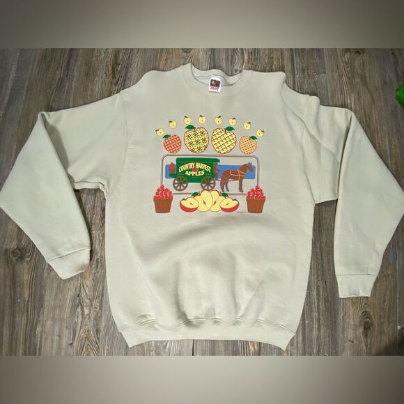 Vintage Tops - SOLD Vintage Harvest Apples Graphic Sweatshirt women's Sz Large Tan 90s Crew